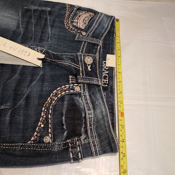 Grace In LA NEW Embellished Jewel Stud Bead Mesh Slim Bootcut Jeans Denim Womens - Picture 4 of 16